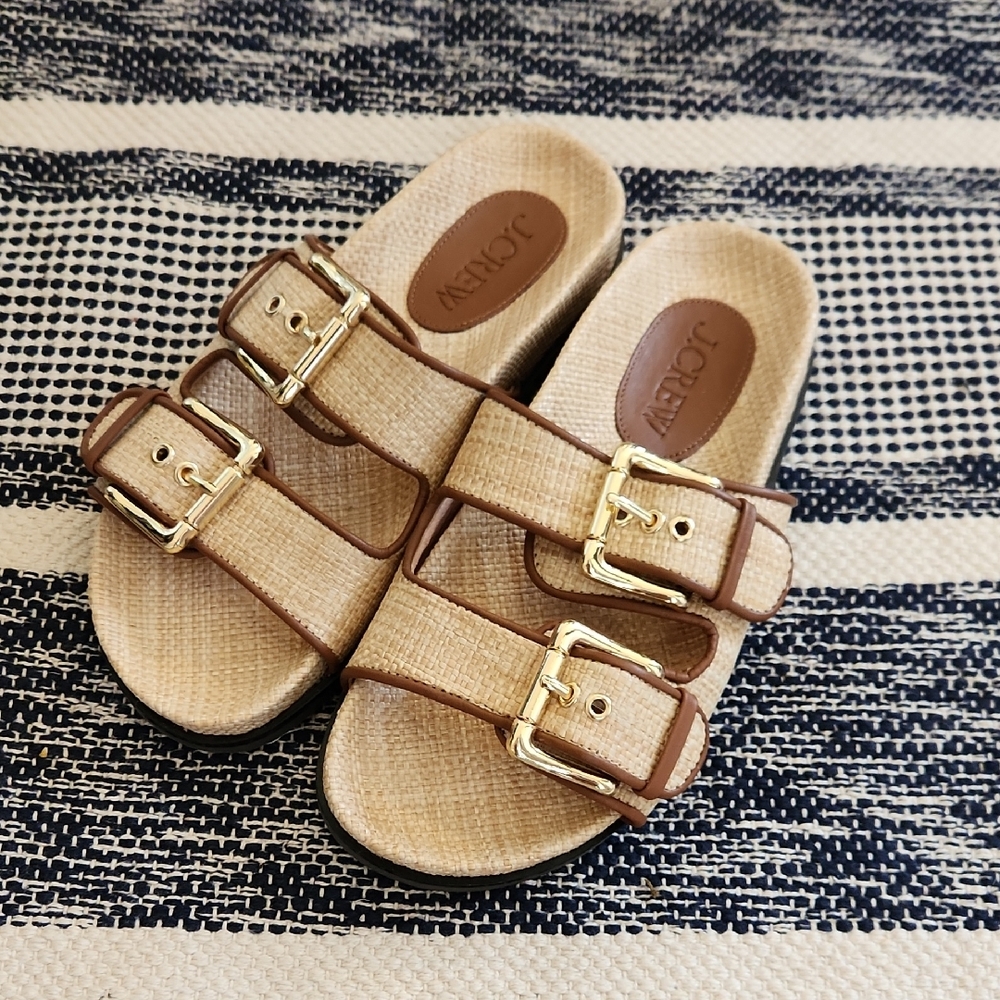 J. Crew Tan Straw Double-Buckle Slide Sandals with Gold Buckles